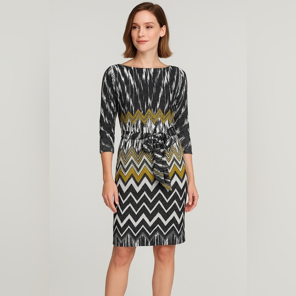 Ellen Tracy Dress Size 8 Black White Yellow Chevron Belted 3/4 Sleeve NWT